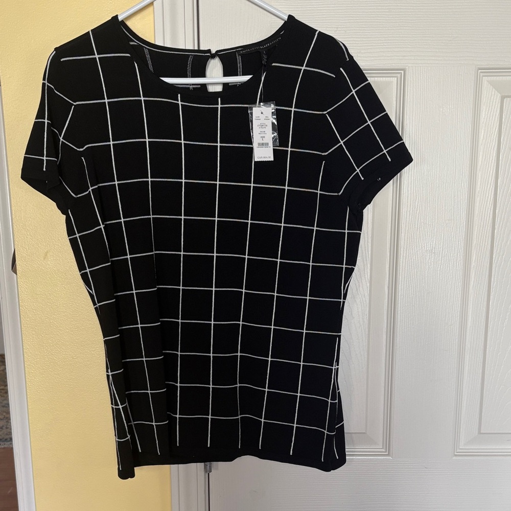 White House Black Market Black Short Sleeve Knit Top with White Windowpane Grid